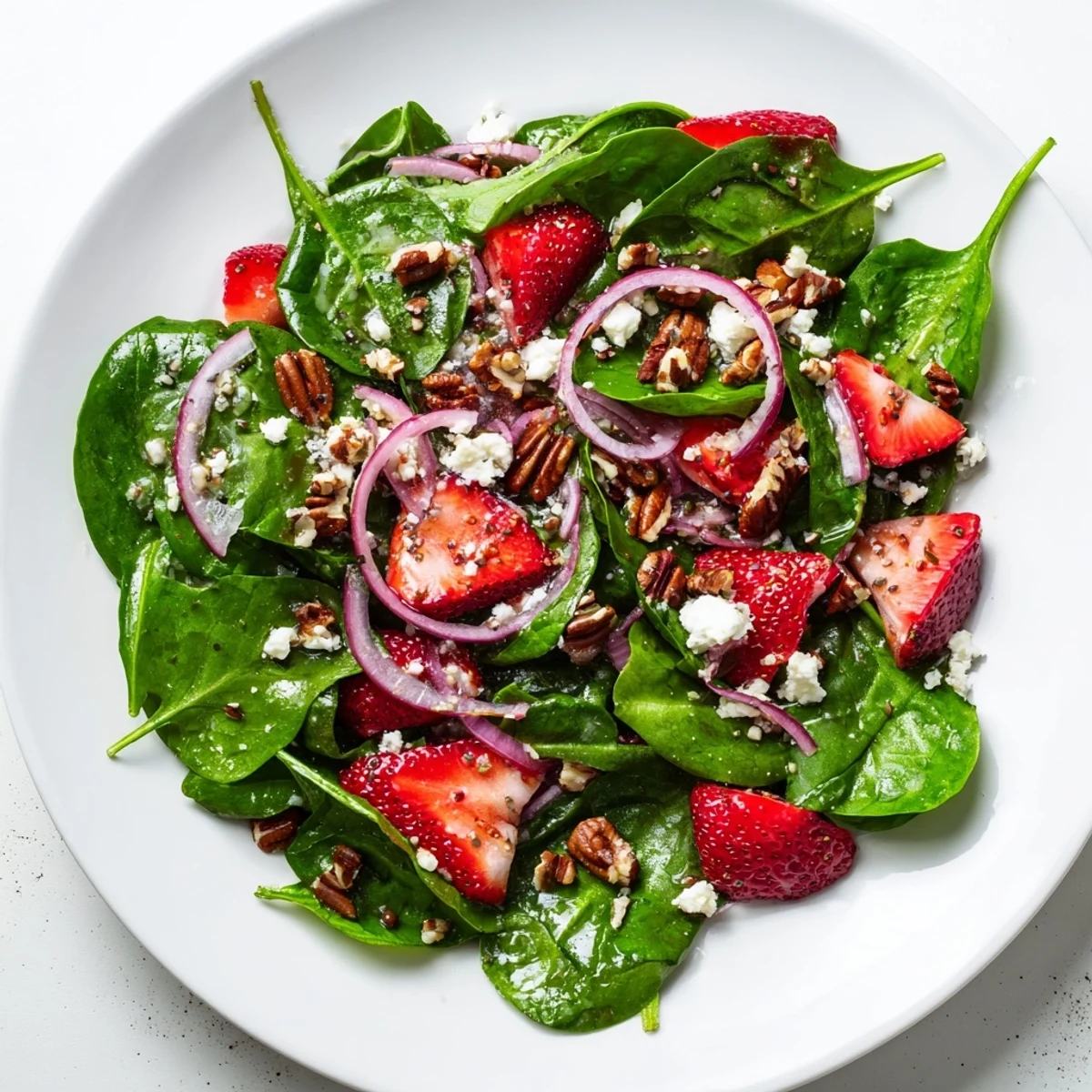 Close-up of Strawberry Spinach Salad with Poppy Seed Vinaigrette showing glistening dressing on tender greens, sweet berries, and nuts for a summer lunch.