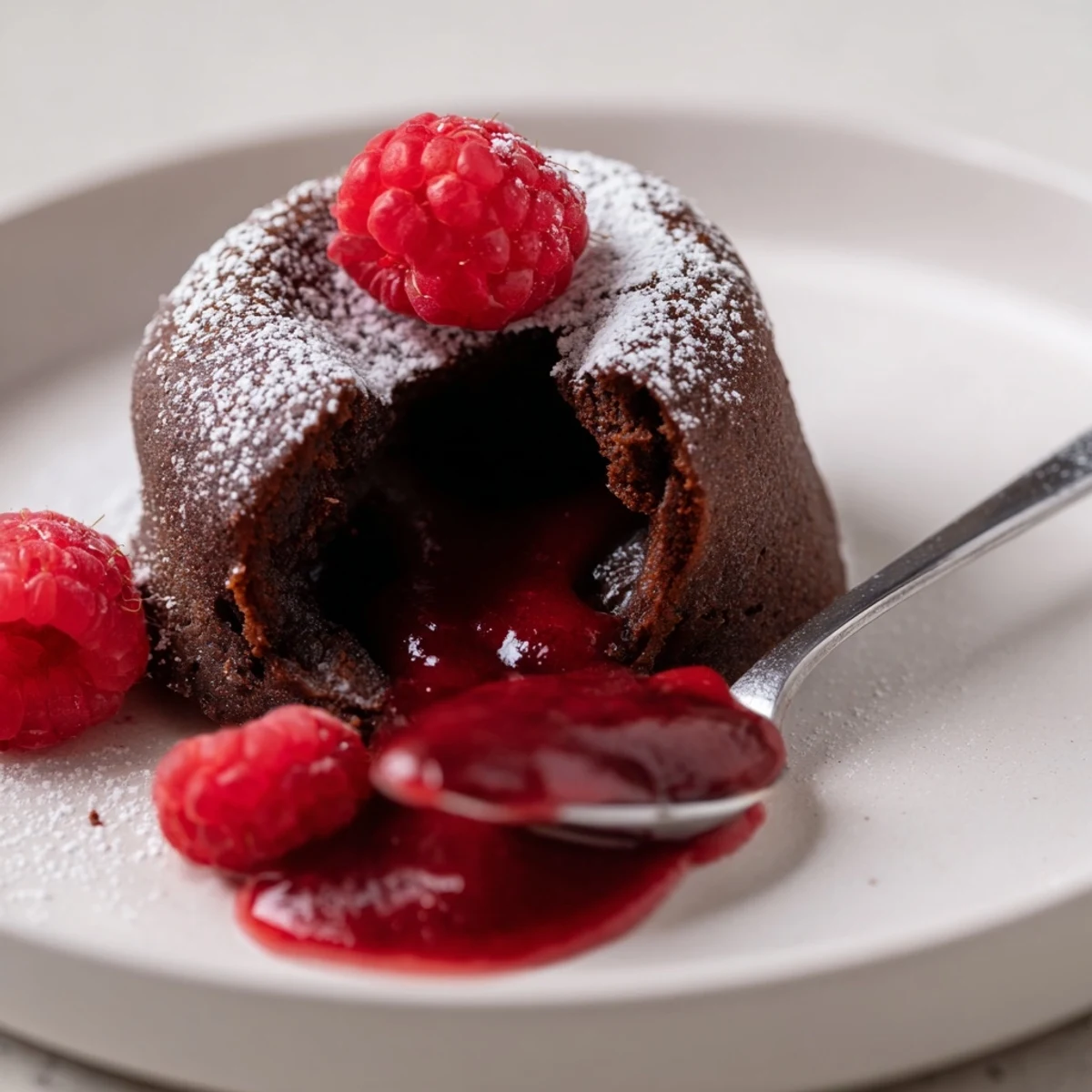Warm, freshly baked Chocolate Lava Cakes with Raspberry Sauce release a rich chocolate aroma, garnished with powdered sugar and ripe raspberries.