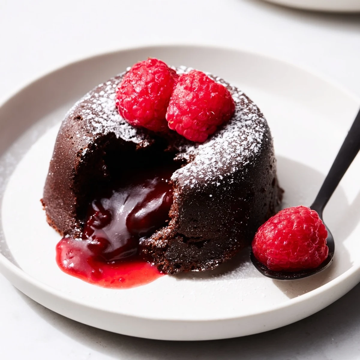 A single Chocolate Lava Cakes with Raspberry Sauce is artfully plated, bright sauce drizzled around the base and fresh berries for garnish.