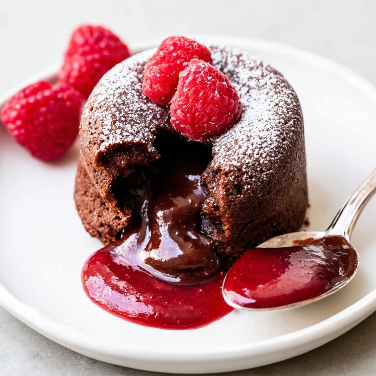 Steam rises from a molten center of Chocolate Lava Cakes with Raspberry Sauce, served alongside vanilla ice cream on a cozy plate.