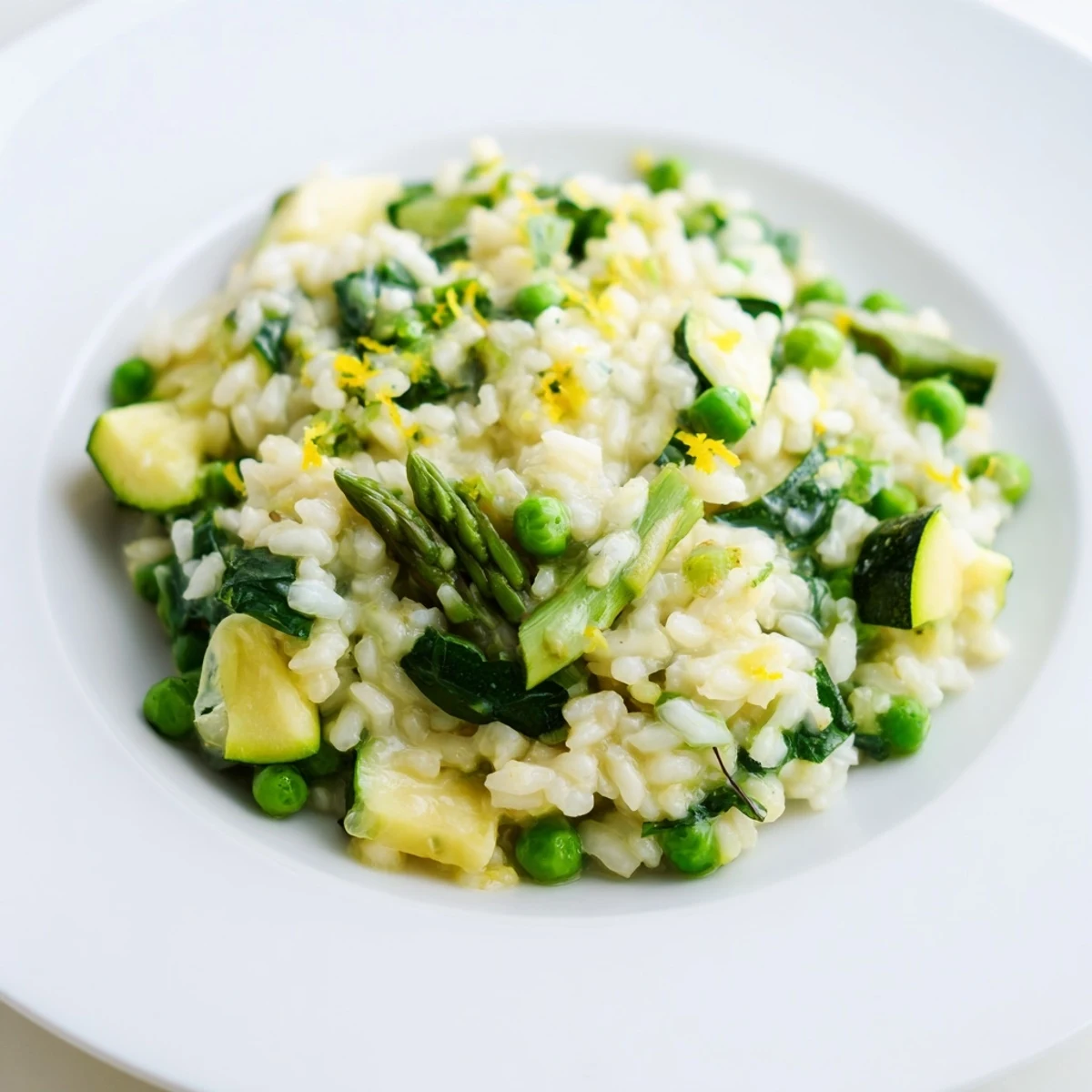 Spring Vegetable Risotto with Lemon Zest served in a white bowl, garnished with fresh parsley and lemon wedges.