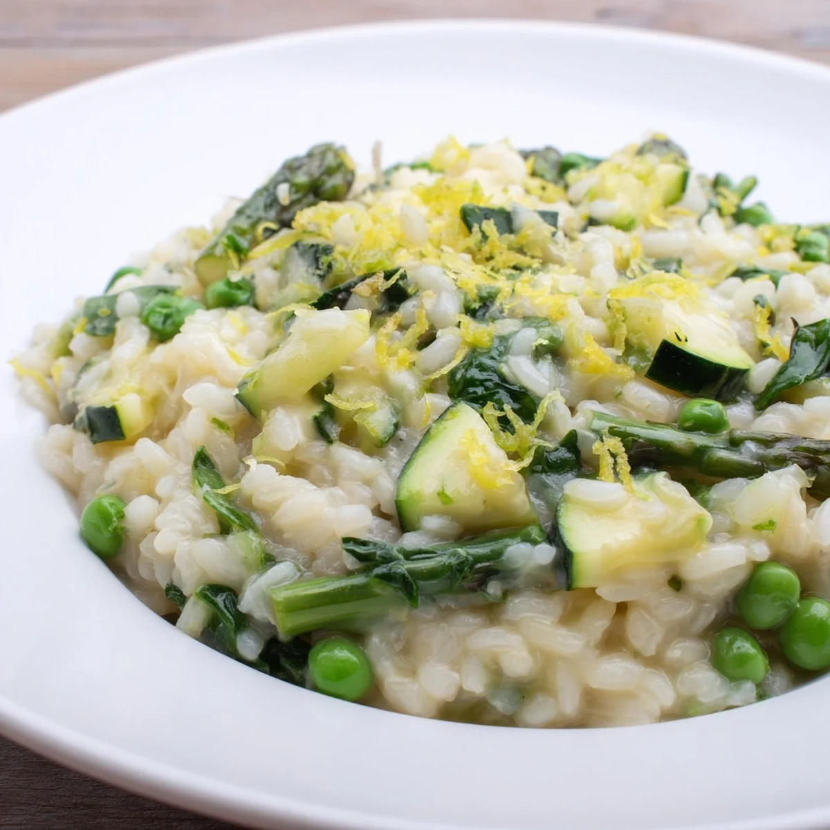 Spoon lifting a creamy portion of Spring Vegetable Risotto with Lemon Zest, showing tender green vegetables and zest.