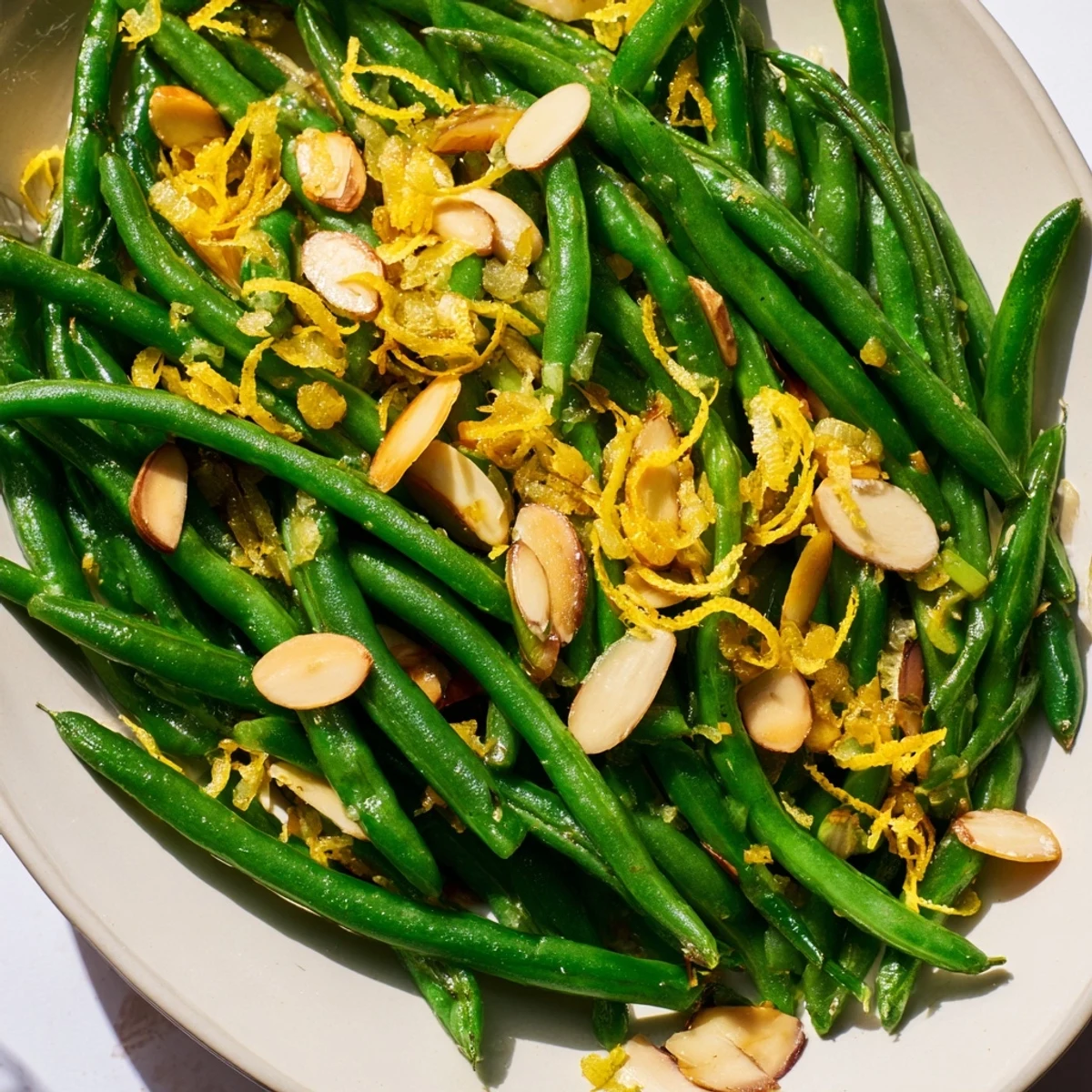 A bowl of fresh green beans with golden toasted almonds and lemon zest for a vegan side.