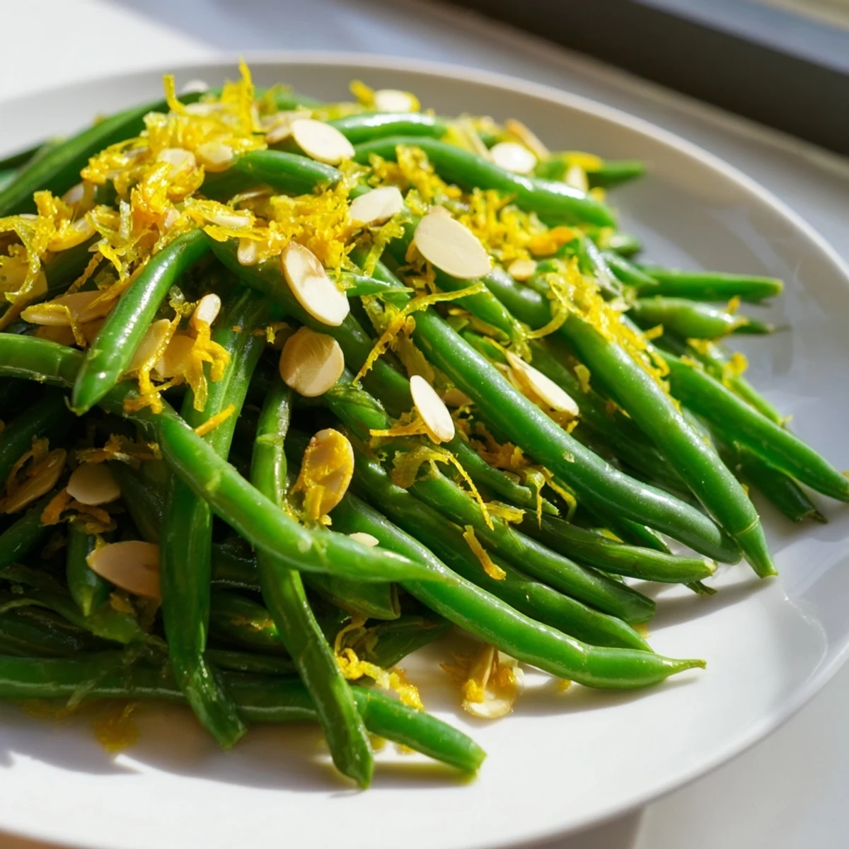 Green Beans with Toasted Almonds and Lemon garnished with extra zest, perfect for an easy weeknight side.
