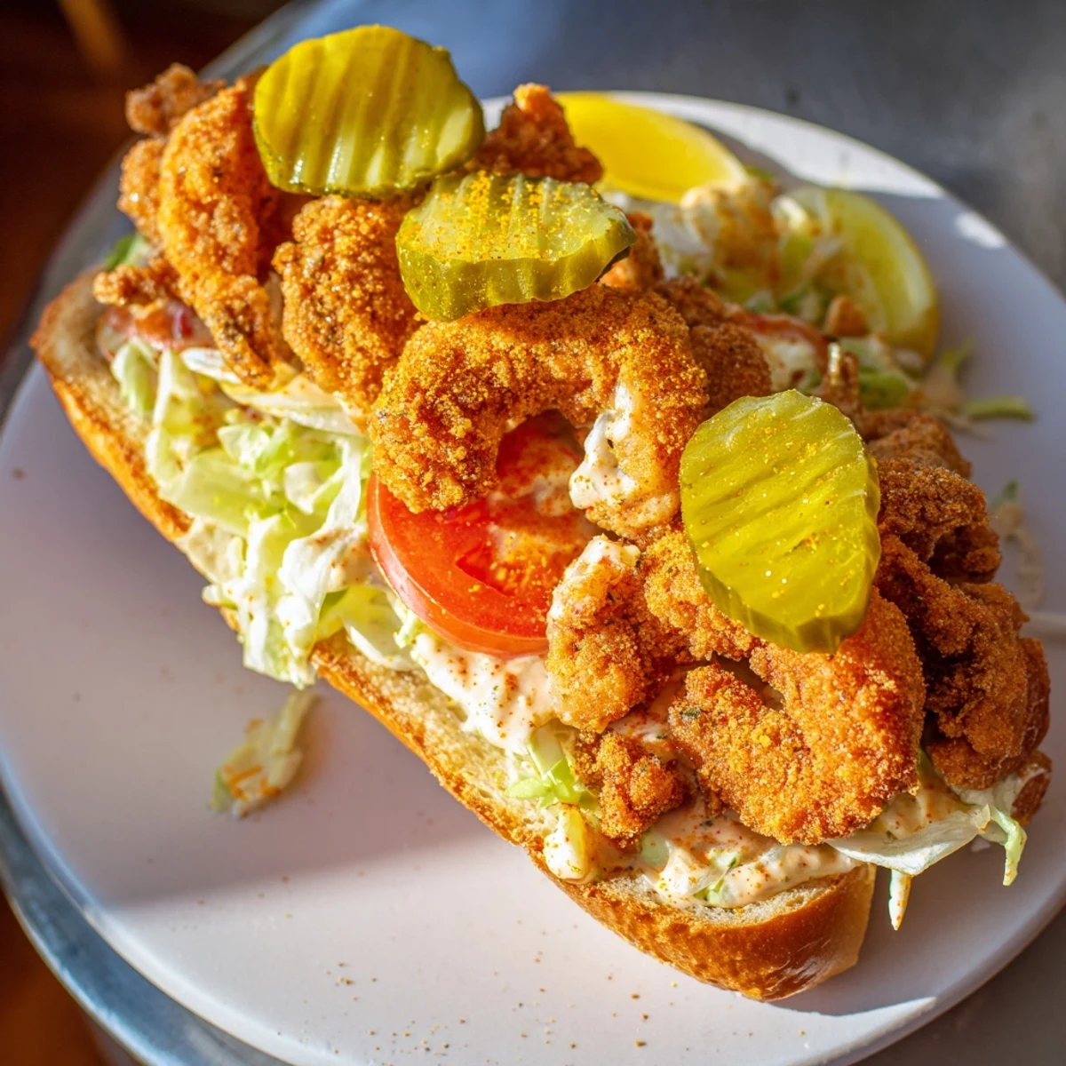 Crispy fried shrimp in a toasted French loaf with zesty remoulade sauce, lettuce, and tomatoes for Mardi Gras Shrimp Po Boy.