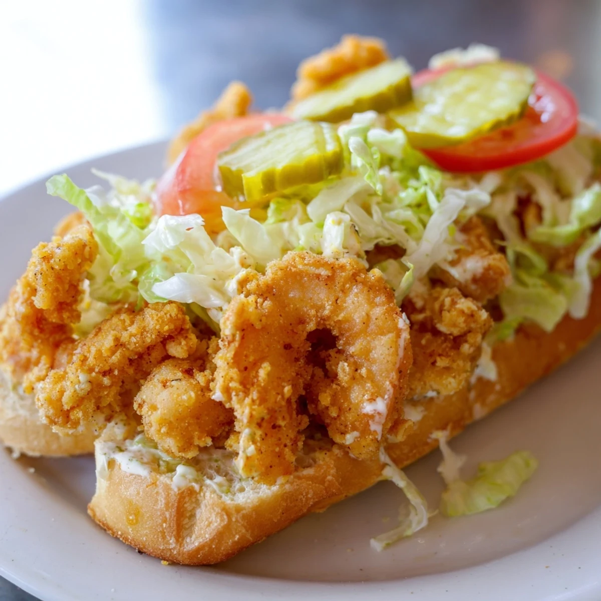 Hearty Mardi Gras Shrimp Po Boy layered with golden shrimp, pickles, and creamy remoulade on a warm, crusty baguette.