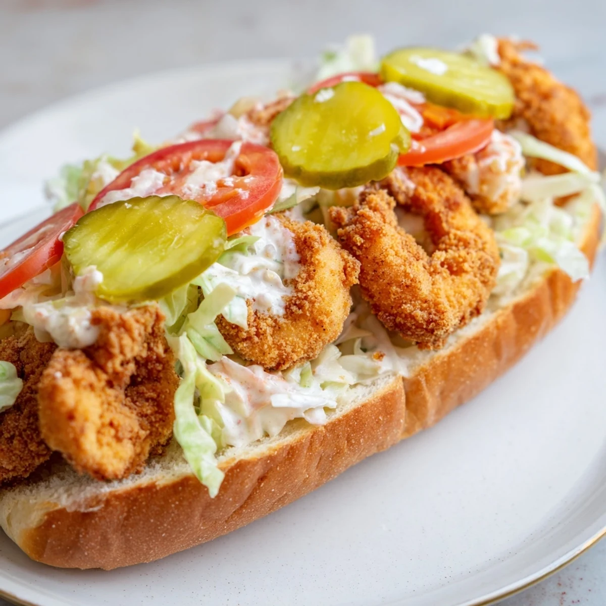 Festive Mardi Gras Shrimp Po Boy served with chilled beer, showcasing crunchy shrimp and tangy sauce inside soft bread.