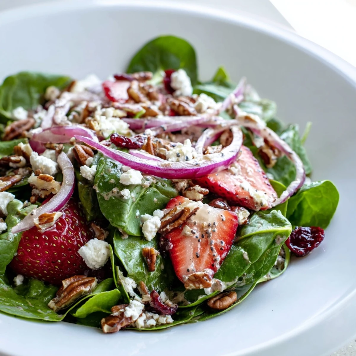 An overhead view of Strawberry Spinach Salad with Poppy Seed Dressing tossed with toasted pecans, red onion, and glistening dressing.
