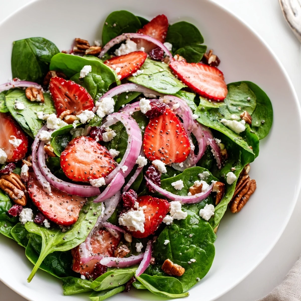A close-up of Strawberry Spinach Salad with Poppy Seed Dressing showing juicy red strawberries and feta on fresh spinach leaves.