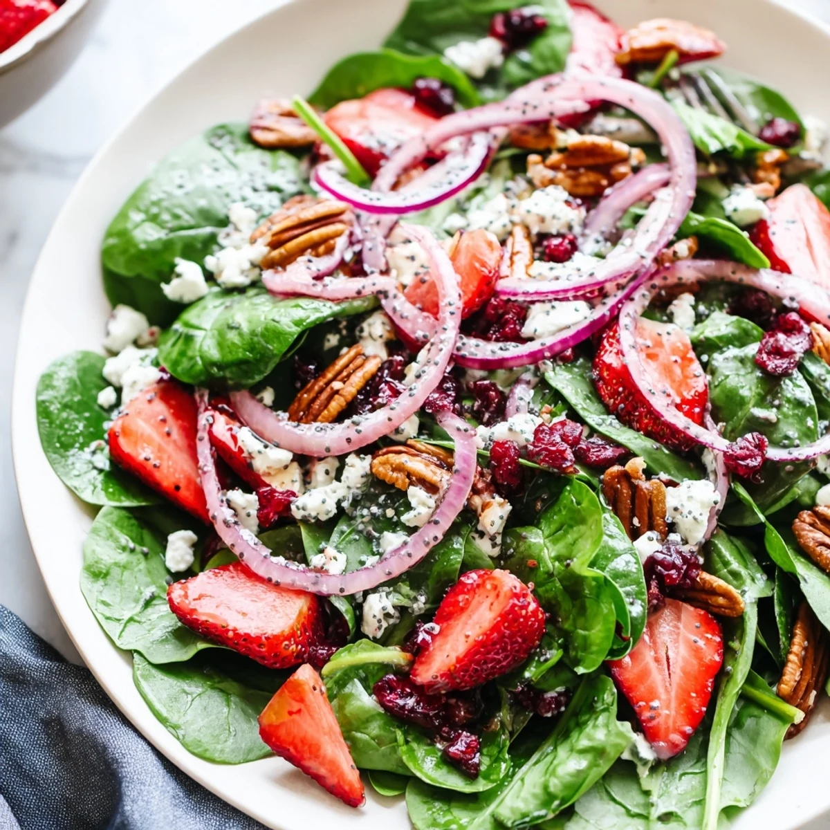 A vibrant serving of Strawberry Spinach Salad with Poppy Seed Dressing plated for a spring lunch beside a glass of lemonade.