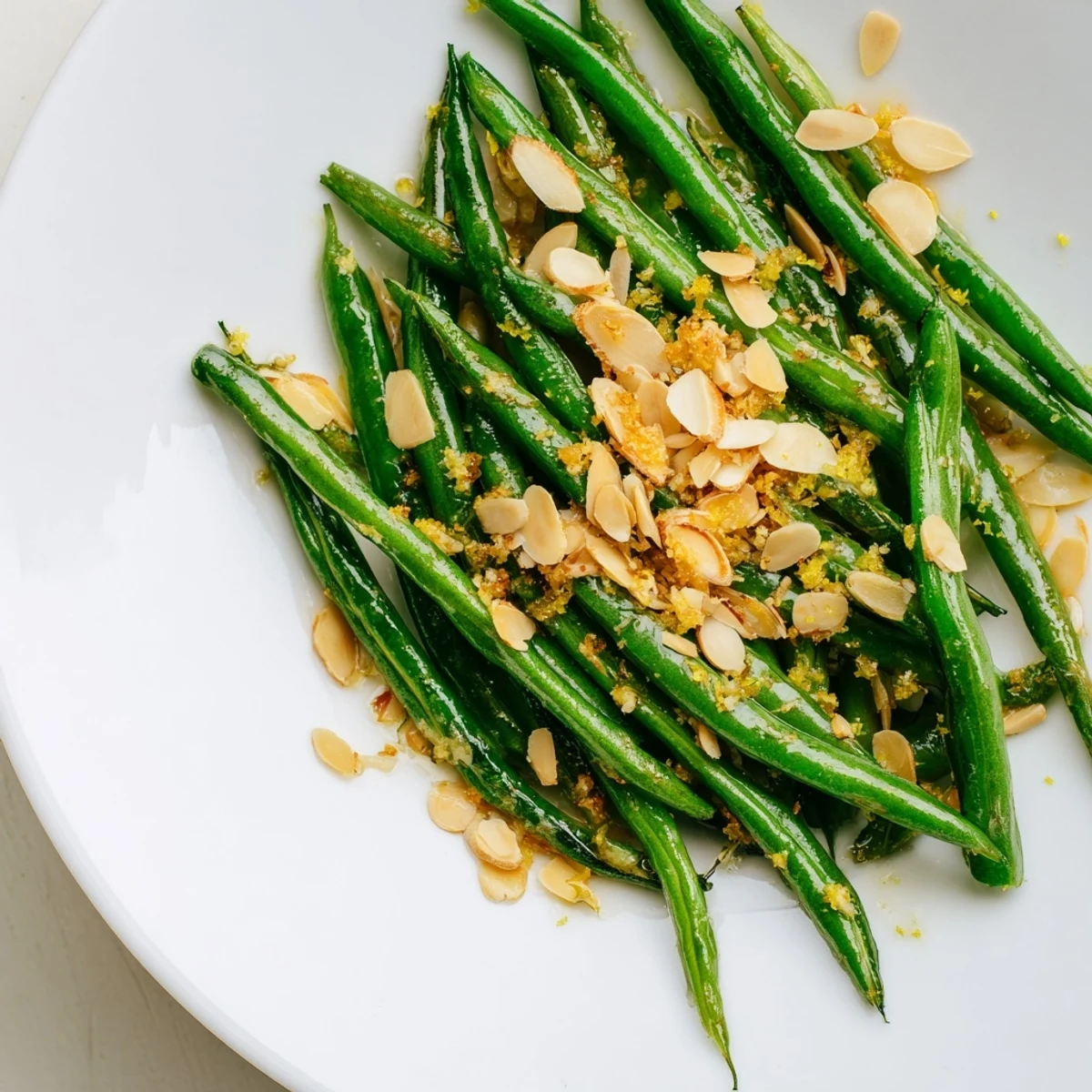 Overhead view of Green Beans with Toasted Almonds and Lemon, served alongside roasted chicken on a rustic table.