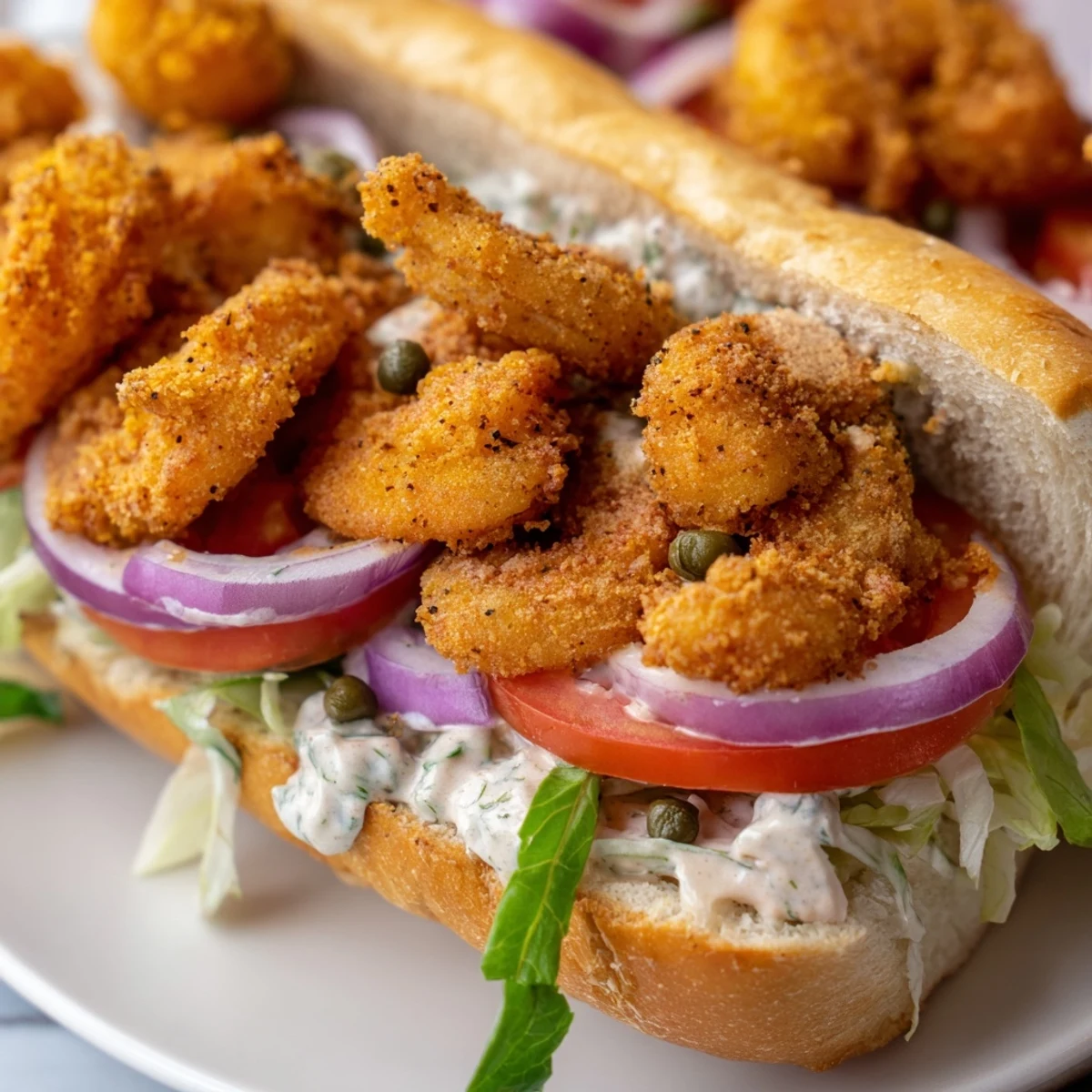Crispy fried shrimp nestled in a soft baguette with lettuce and tomatoes for a Mardi Gras Shrimp Po Boy with Remoulade.