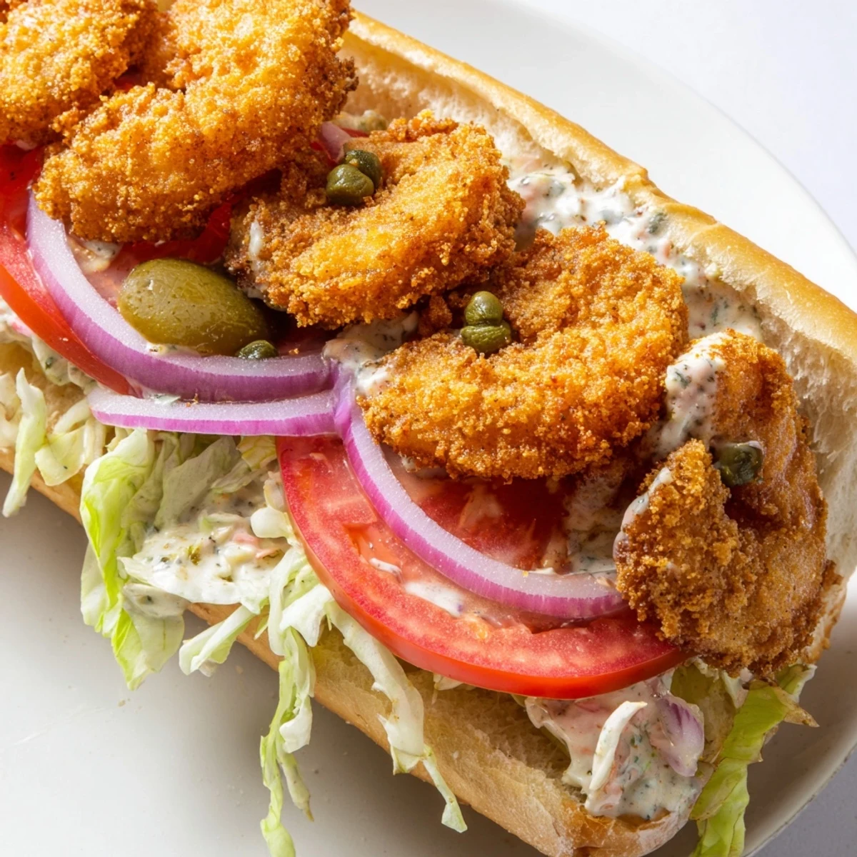 Golden fried shrimp po boy sandwich topped with creamy remoulade sauce on a fresh French baguette for Mardi Gras.