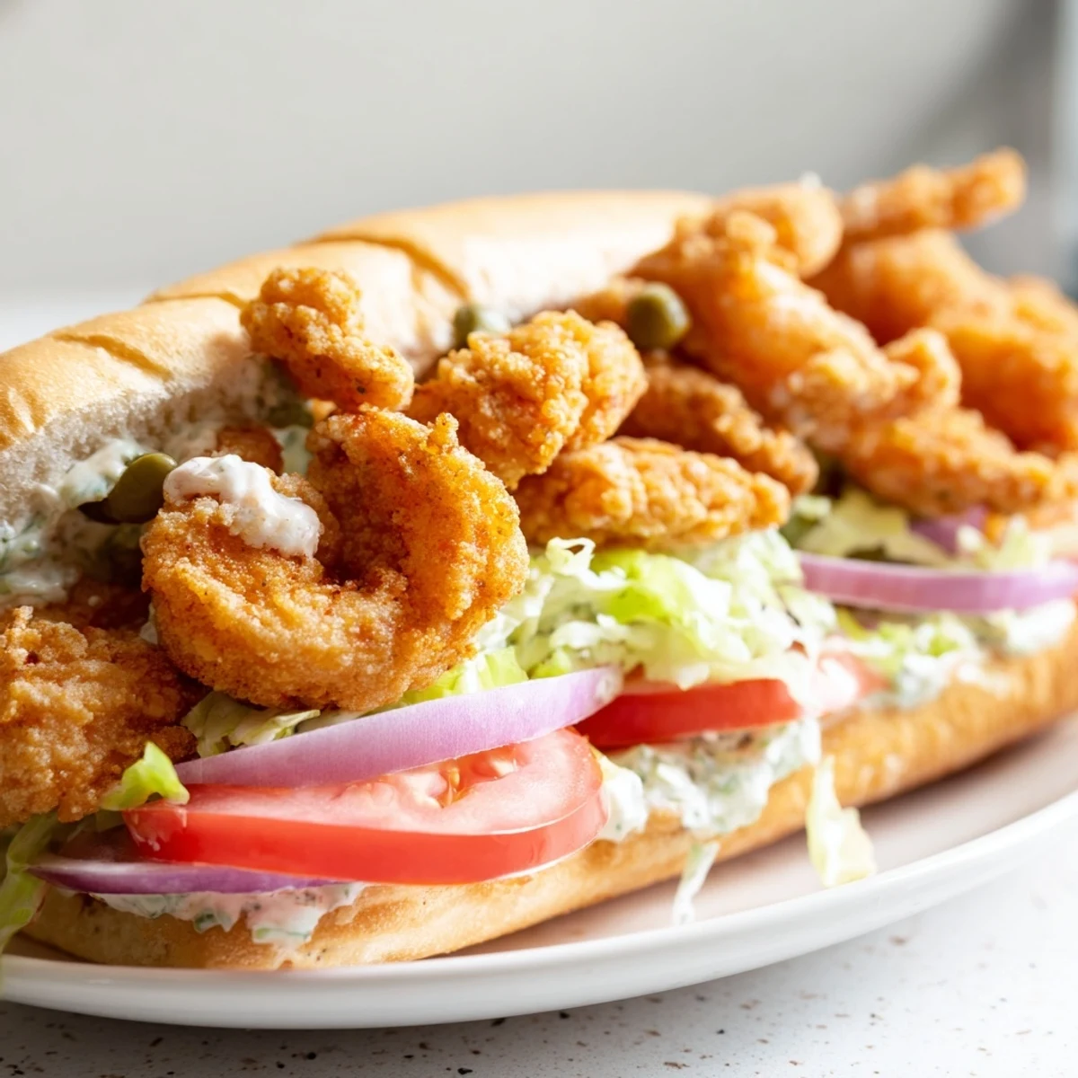 A festive Mardi Gras Shrimp Po Boy with Remoulade served with lemon wedges and pickles on a toasted hoagie roll.