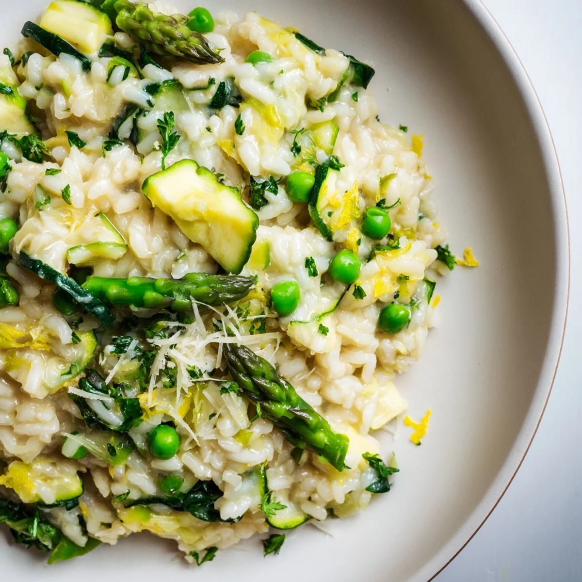 A close-up of Spring Vegetable Risotto with bright green asparagus, peas, and fresh parsley on a rustic plate.
