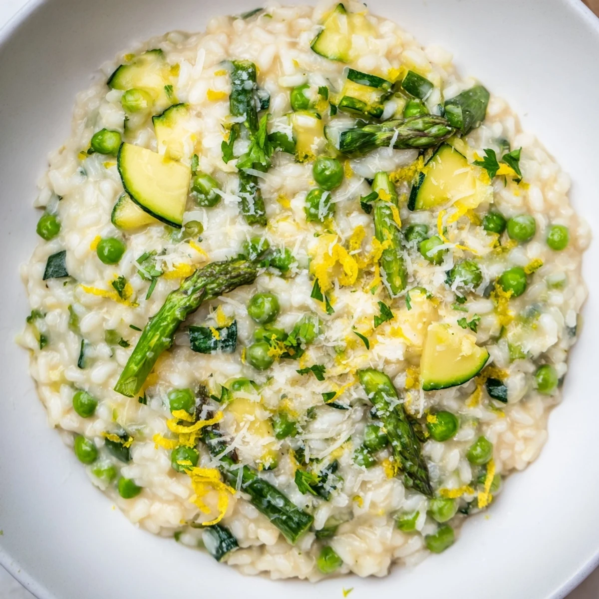 A serving of creamy Spring Vegetable Risotto, garnished with lemon zest and shaved Parmesan, ready to enjoy.