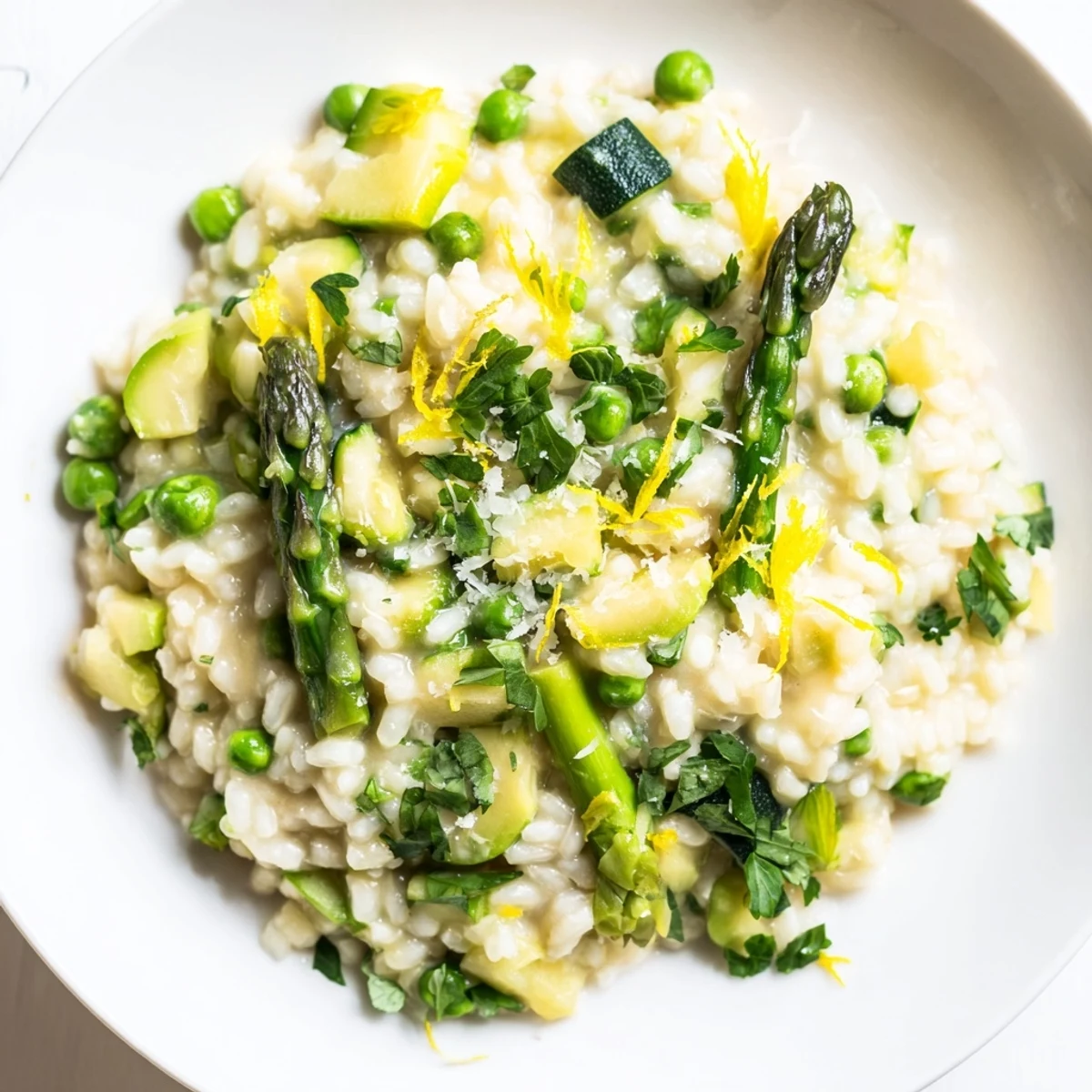 Top-down view of Spring Vegetable Risotto in a white bowl, showcasing tender vegetables and a glistening sauce.