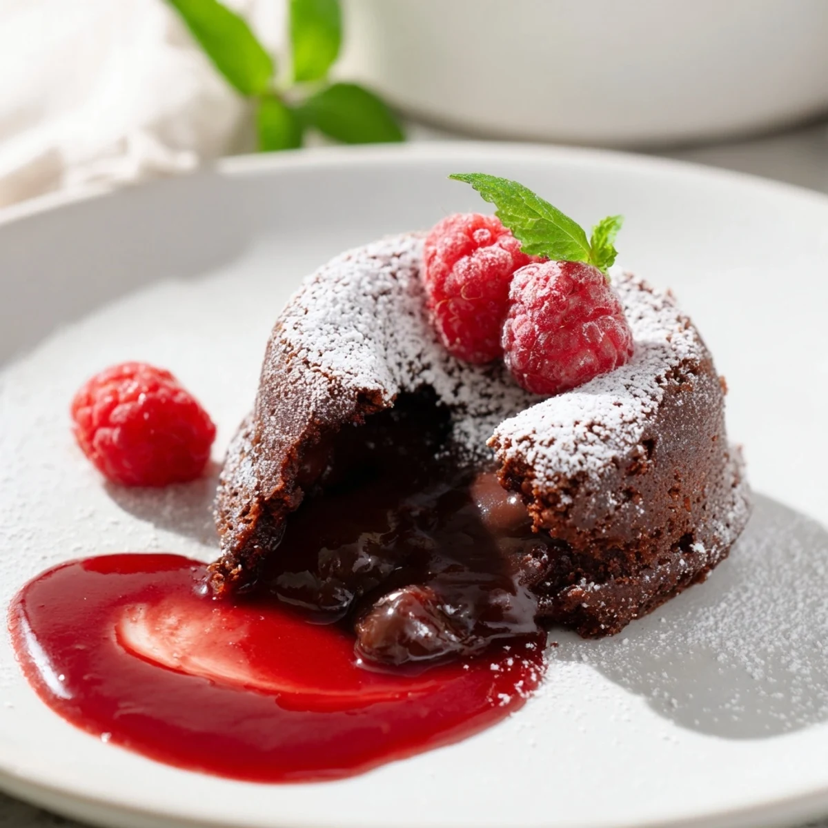 Four individual chocolate lava cakes with molten centers rest on plates beside a vibrant raspberry coulis, dusted with powdered sugar.