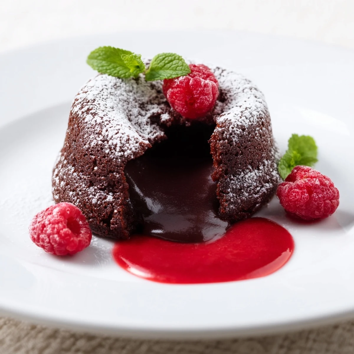 Chocolate Lava Cakes with Raspberry Coulis appear gooey and decadent, with fresh raspberries and mint garnish adding a bright finish.