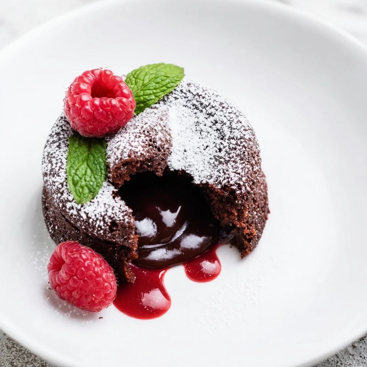 A close-up shows Chocolate Lava Cakes with Raspberry Coulis oozing warm chocolate, beside tangy red sauce and dessert plates ready to serve.