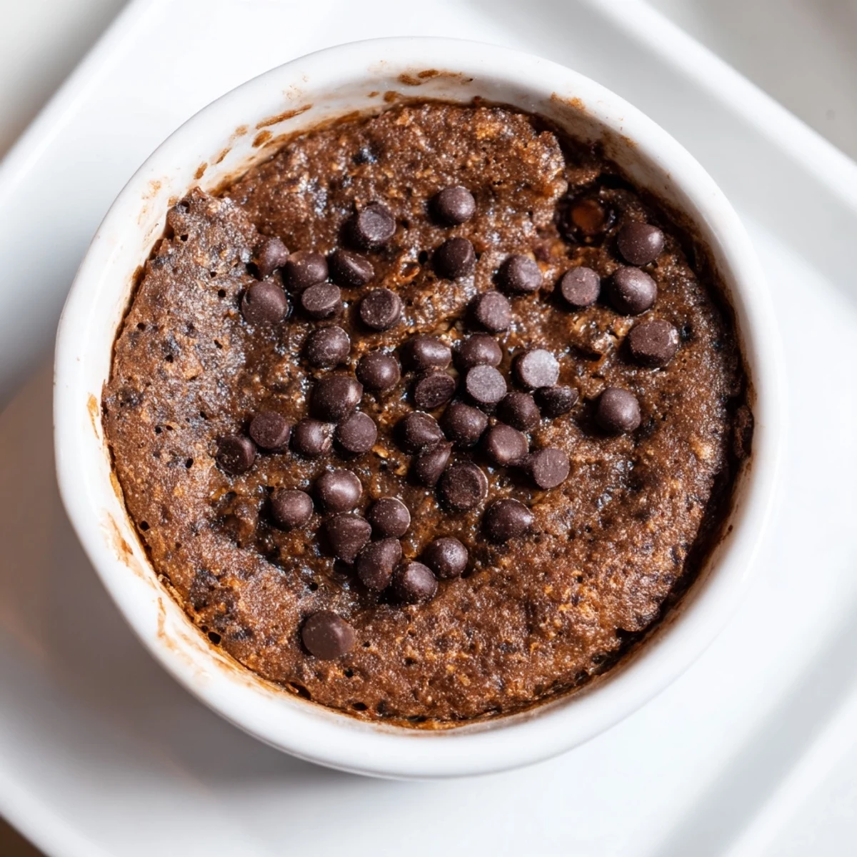 Golden-brown Easy Chocolate Baked Oats with melted chocolate chips on top, served in a white ramekin.