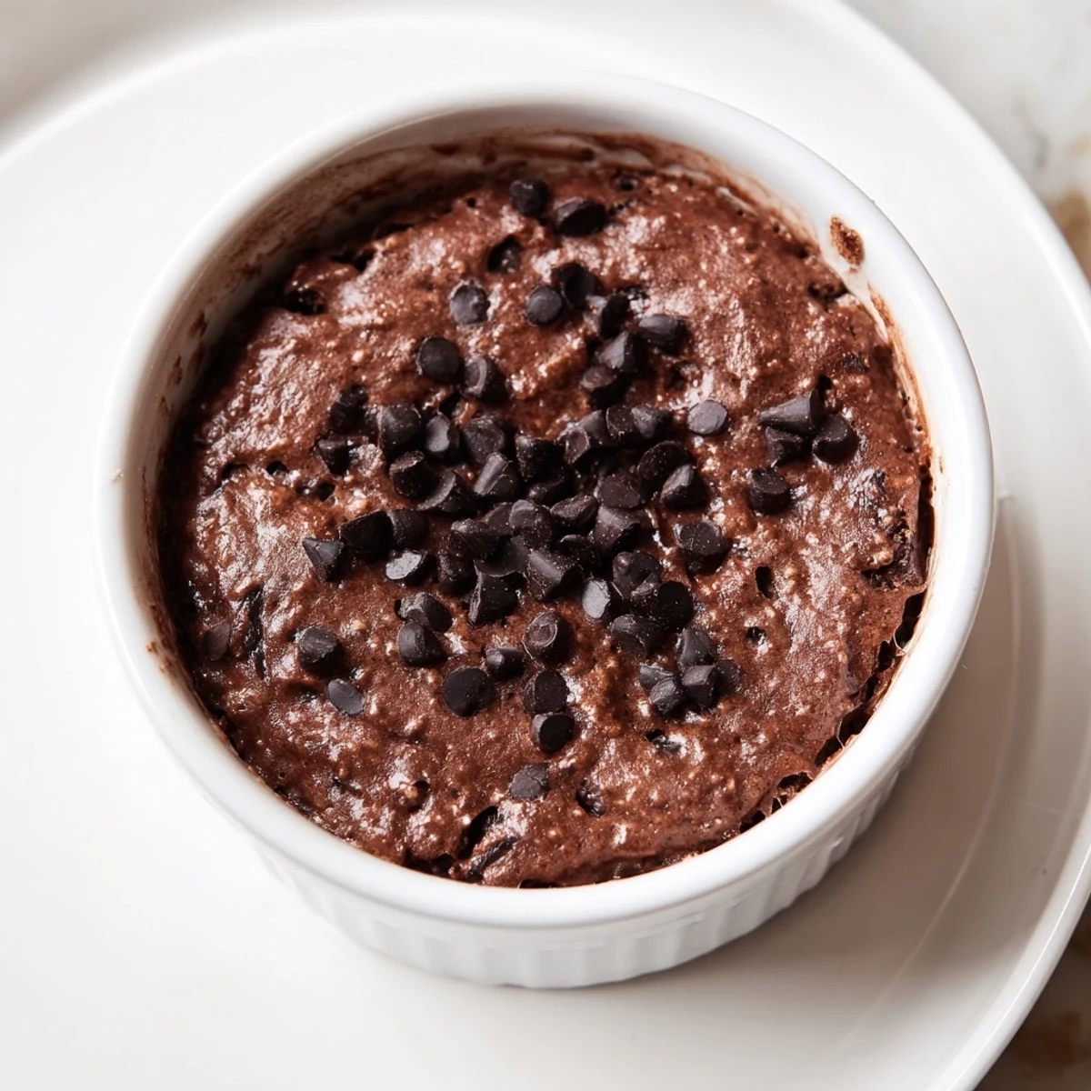 A spoon breaking into warm, fudgy Easy Chocolate Baked Oats reveals a rich chocolate center.