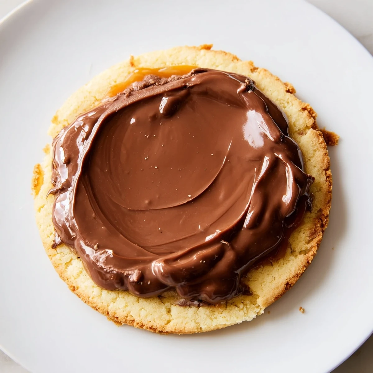Golden Twix Cookies with buttery shortbread, a layer of gooey caramel, and a shiny milk chocolate topping displayed on a white plate.  