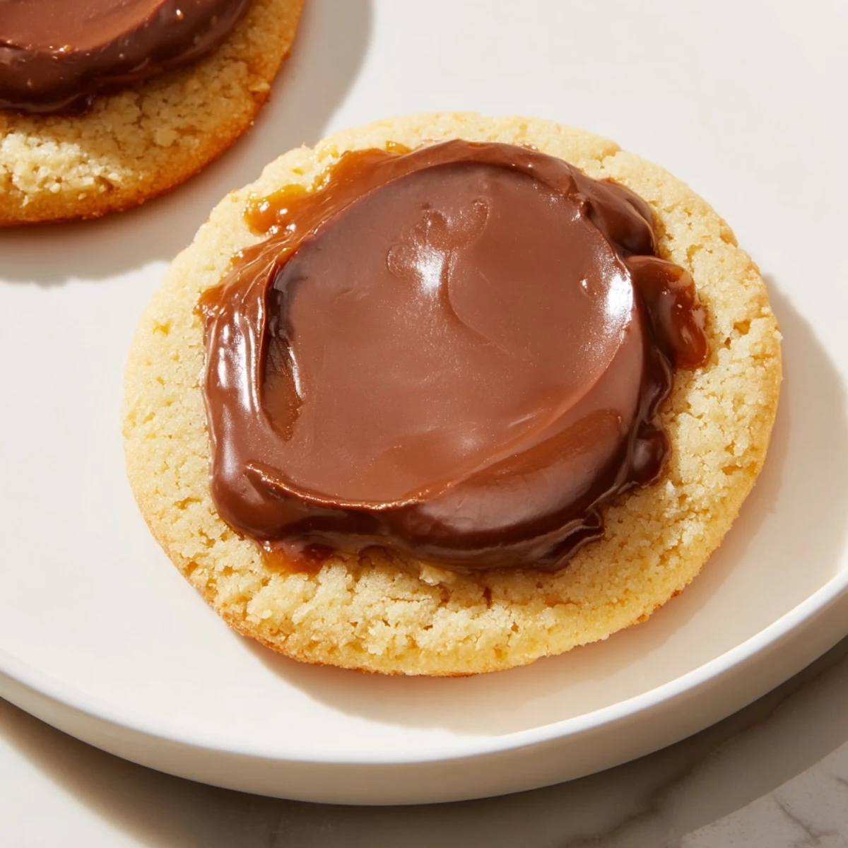 A close-up view shows Twix Cookies stacked, highlighting the creamy caramel and smooth chocolate on a festive dessert table.  