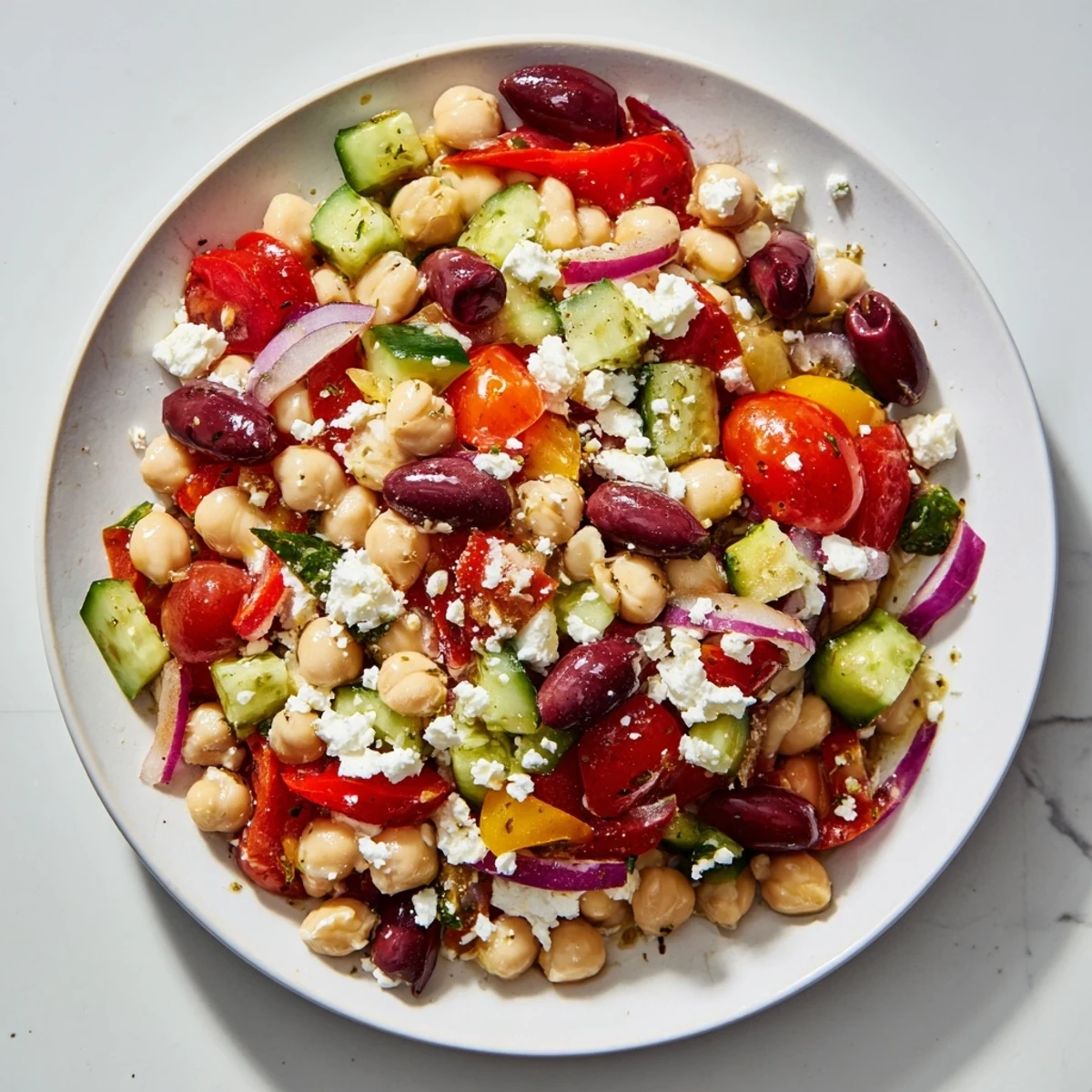 A close-up of the Mediterranean Dense Bean Salad drizzled with olive oil and sprinkled with fresh herbs.