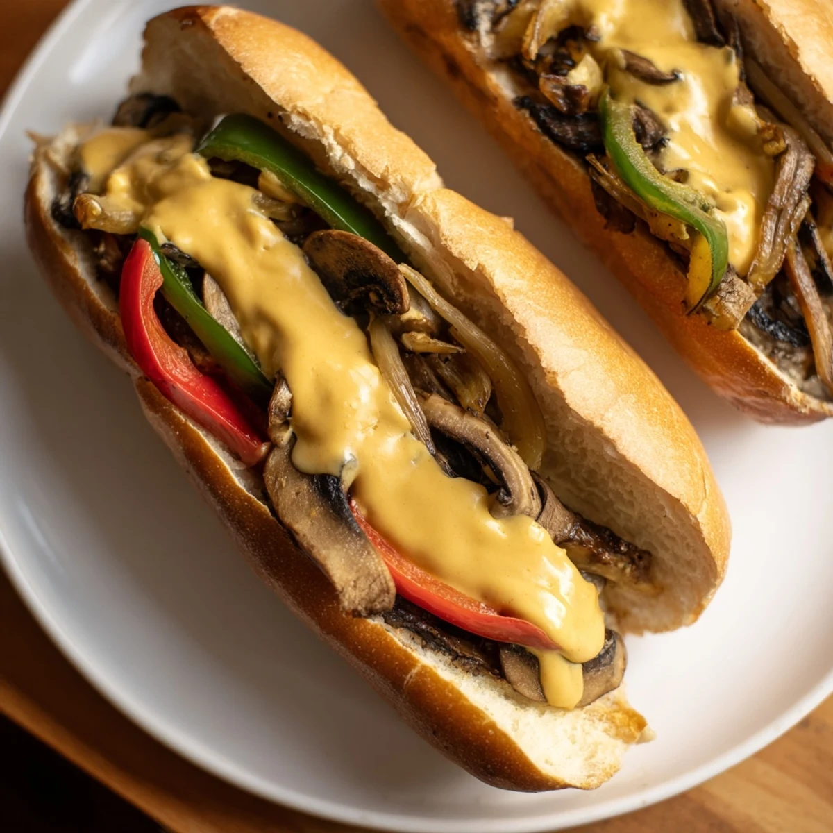Toasted hoagie rolls filled with savory mushrooms and peppers, smothered in creamy vegan cheese sauce for Vegan Philly Cheesesteaks.