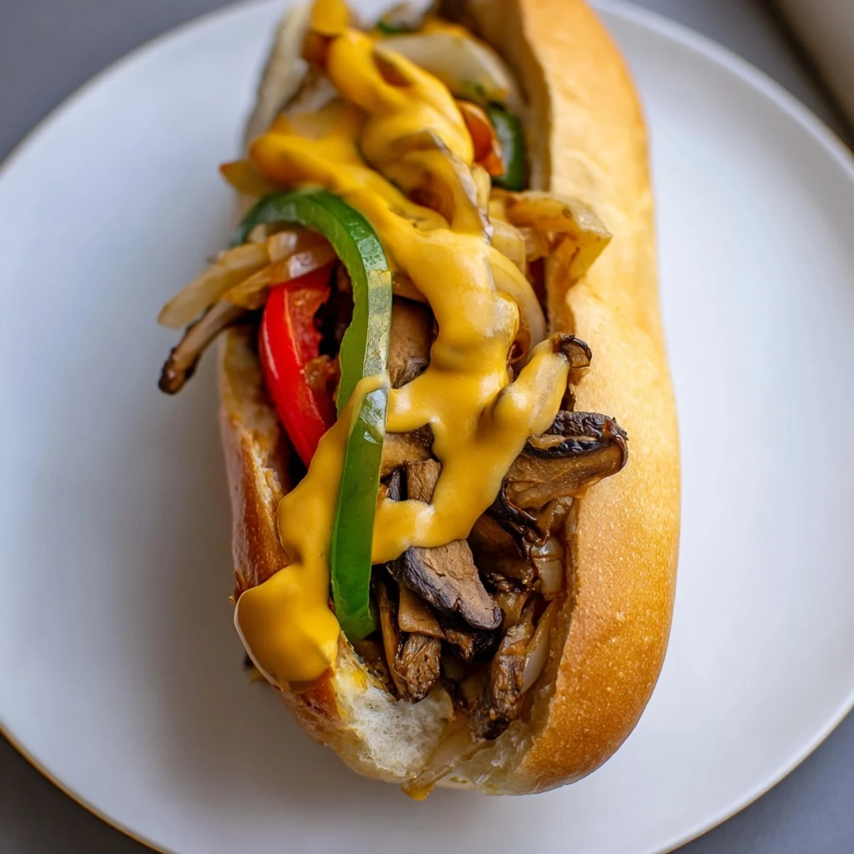 Hearty Vegan Philly Cheesesteaks loaded with golden brown mushrooms, sautéed onions, and peppers topped with melty plant-based cheese.
