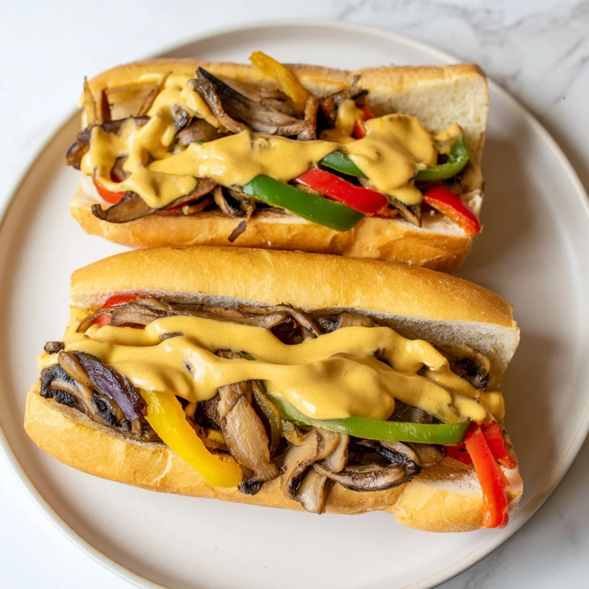 Golden toasted hoagie rolls stuffed with sautéed mushrooms, peppers, and onions for a delicious Vegan Philly Cheesesteaks meal.