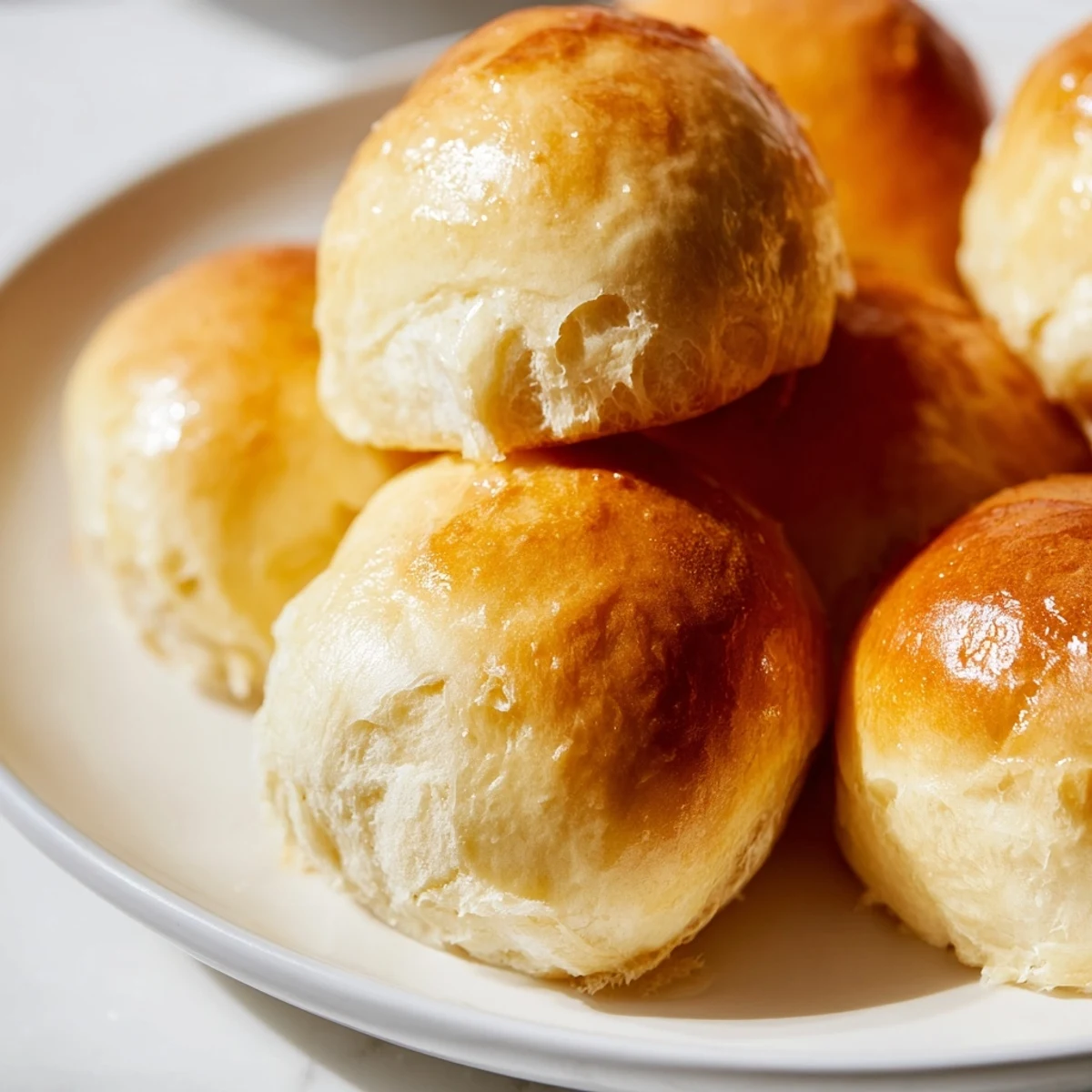 A warm plate of freshly baked Best Vegan Dinner Rolls with a golden-brown crust and soft, fluffy interior.