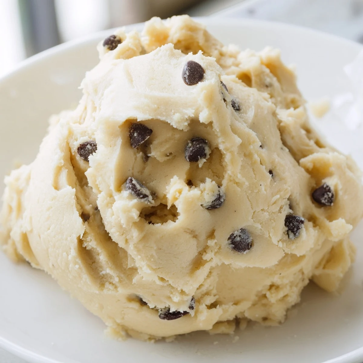 A scoop of Edible Keto Cookie Dough with sugar-free chocolate chips served in a small ramekin.