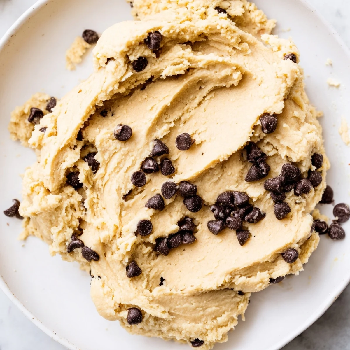 Edible Keto Cookie Dough in a clear bowl, showcasing creamy almond flour texture and keto-friendly ingredients.