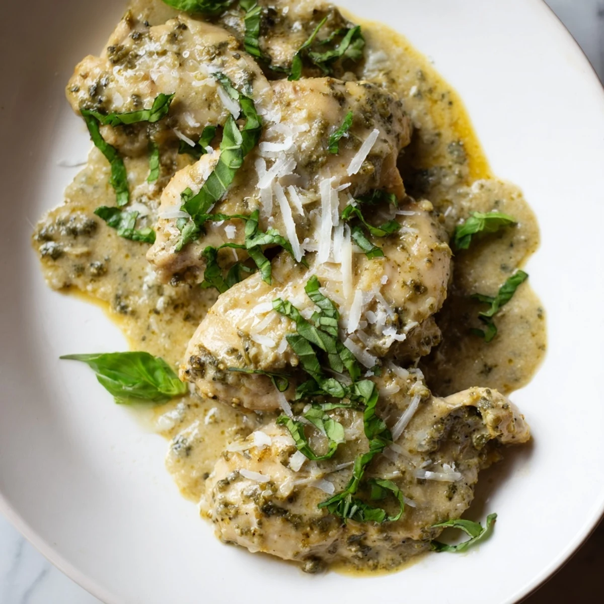 Juicy Pesto Ranch Crock Pot Chicken Thighs served on a white plate, garnished with fresh basil and grated Parmesan cheese.
