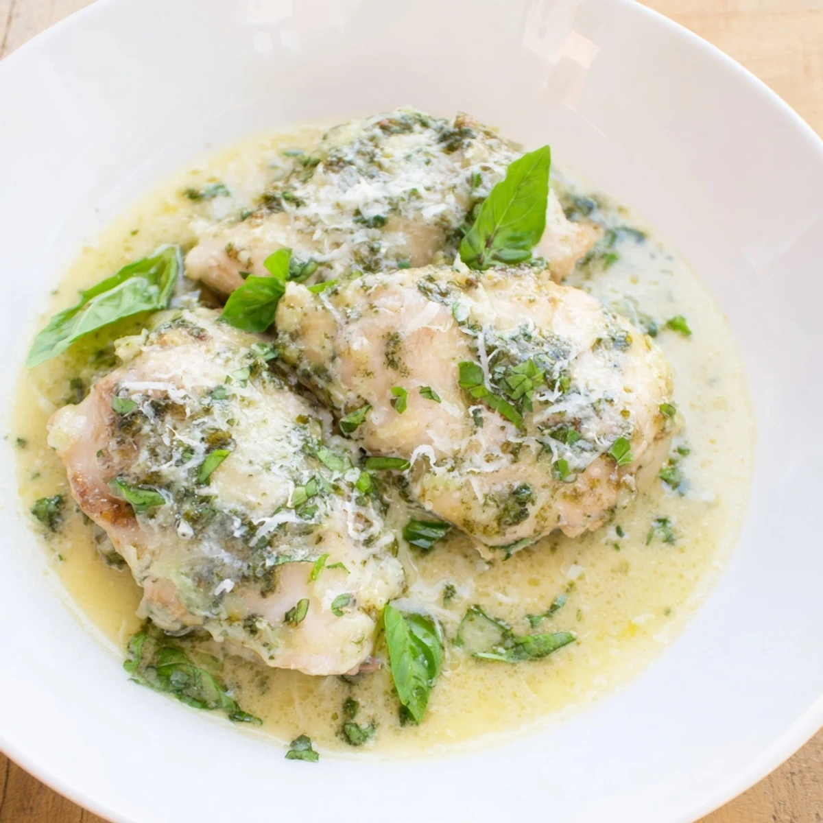 A close-up of Pesto Ranch Crock Pot Chicken Thighs in a slow cooker, coated in a creamy green sauce with flecks of basil.
