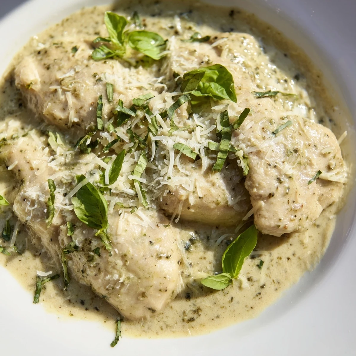 Overhead view of Pesto Ranch Crock Pot Chicken Thighs alongside steamed rice and roasted vegetables for a family dinner.