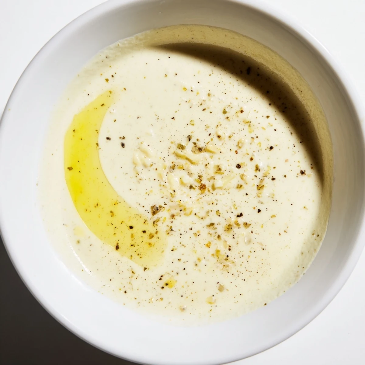 Spoon dipping into a small glass jar of Lemon Dijon Dressing, revealing glossy texture and flecks of garlic.