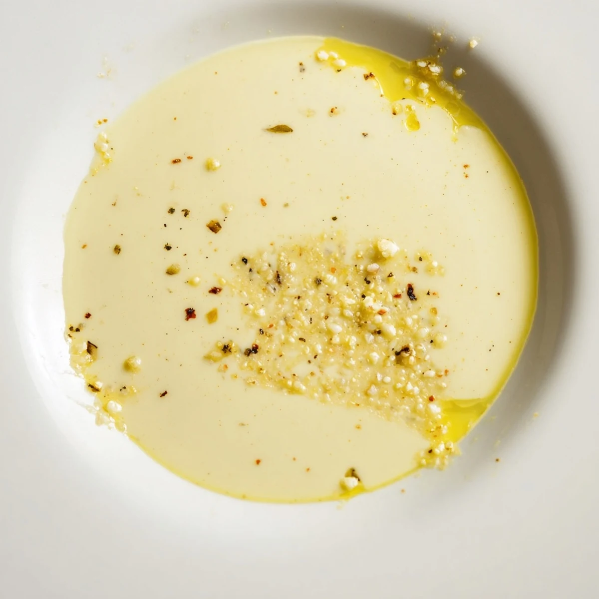 A close-up of golden Lemon Dijon Dressing drizzling over a crisp green salad, showing its creamy emulsion.