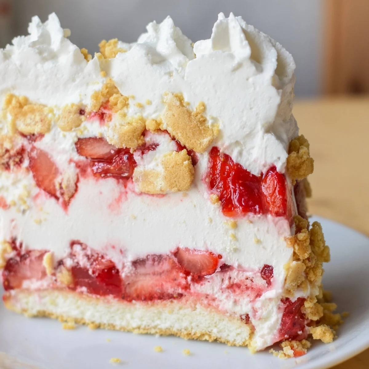 Creamy Easy Strawberry Shortcake Ice Cream Cake layers vanilla ice cream and fresh strawberries with crunchy crumble.