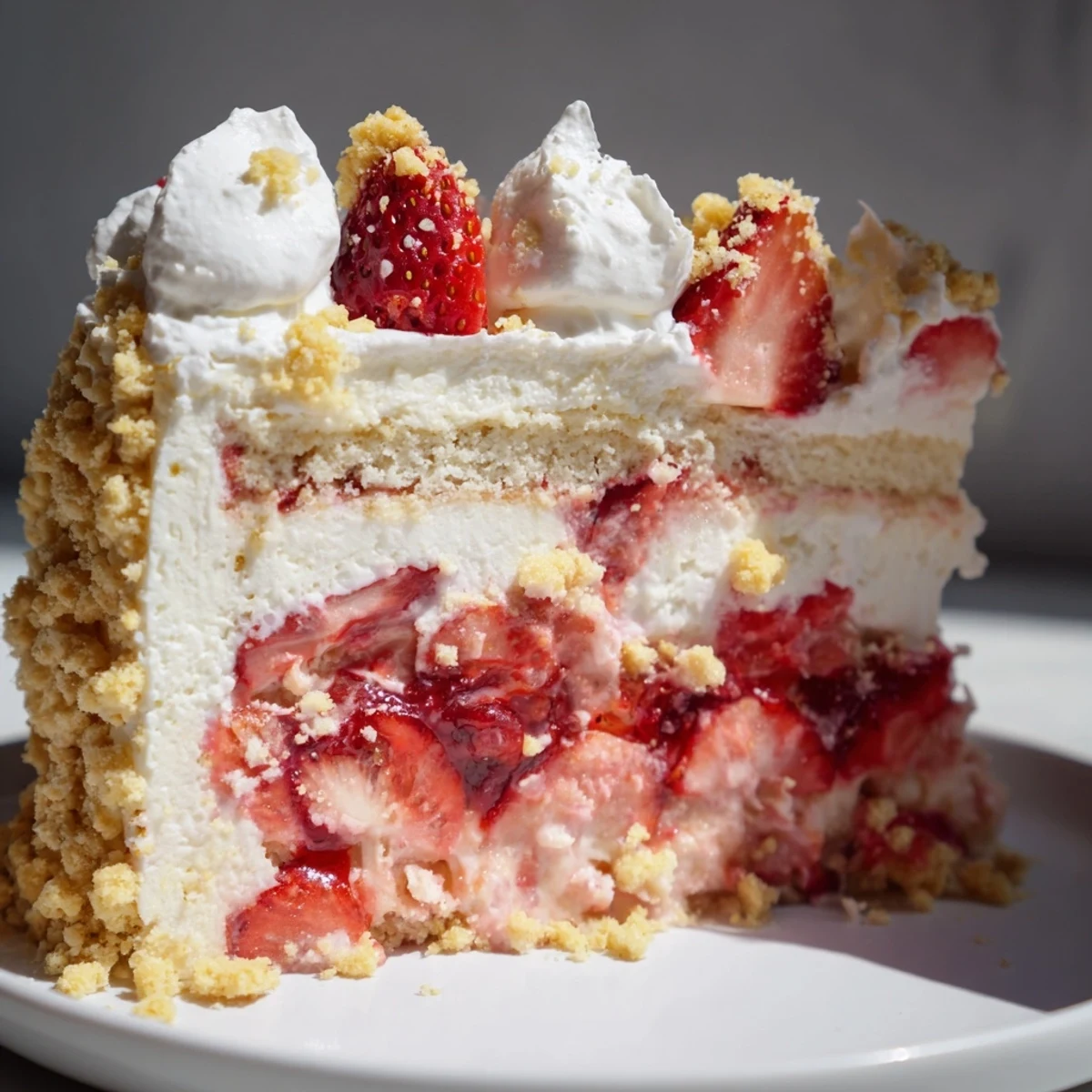 A no-bake Easy Strawberry Shortcake Ice Cream Cake shows smooth layers, crumbly crust, and glistening strawberry sauce.