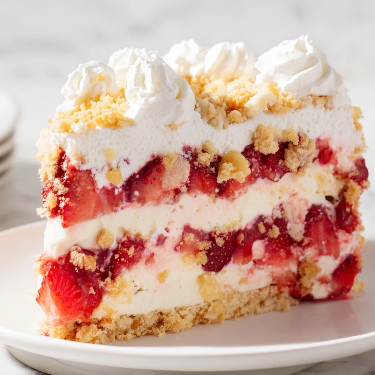 Easy Strawberry Shortcake Ice Cream Cake with whipped cream topping and juicy berry garnish on a plate.
