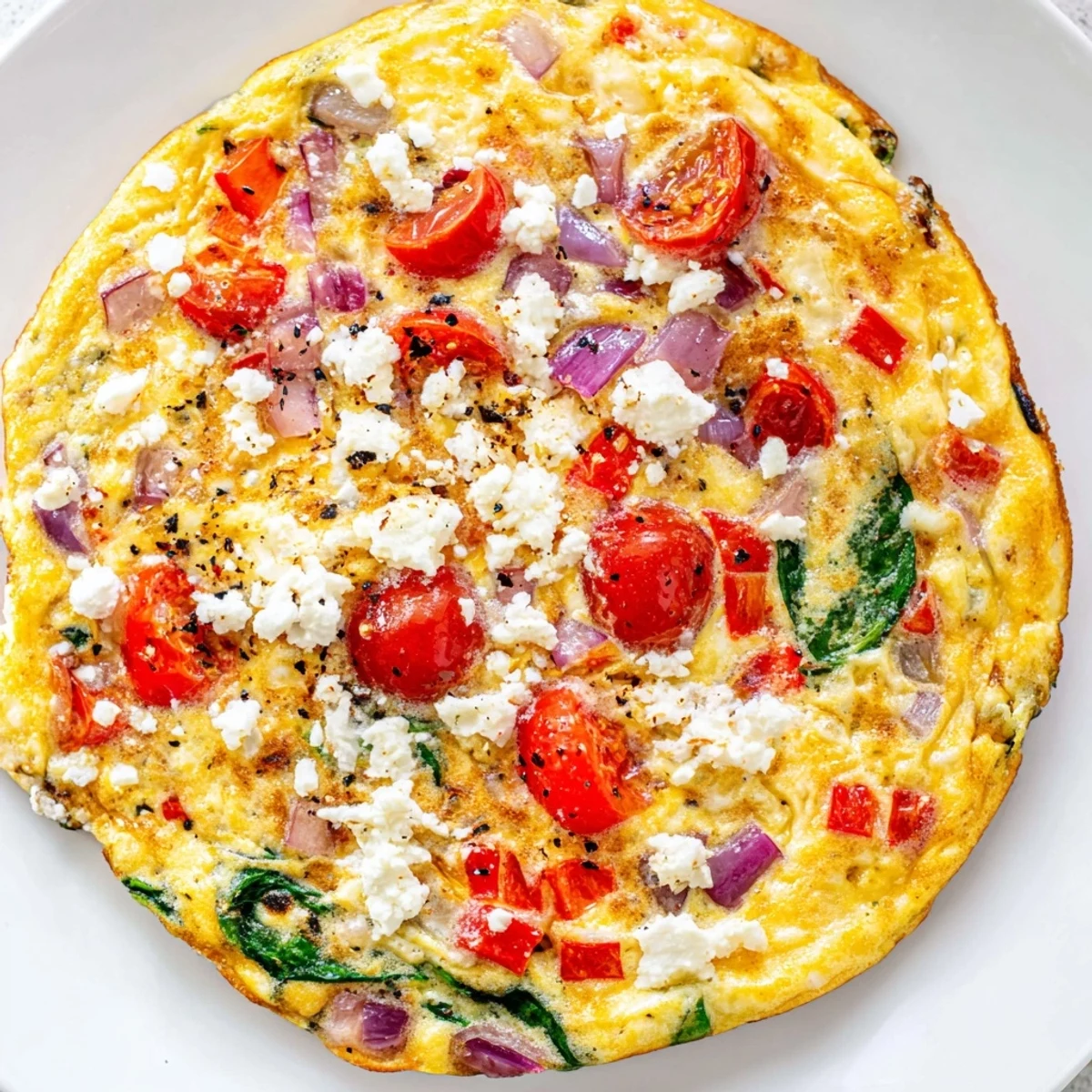 Golden, fluffy slices of Veggie Air Fryer Frittata loaded with spinach, tomatoes, and melty feta cheese.  