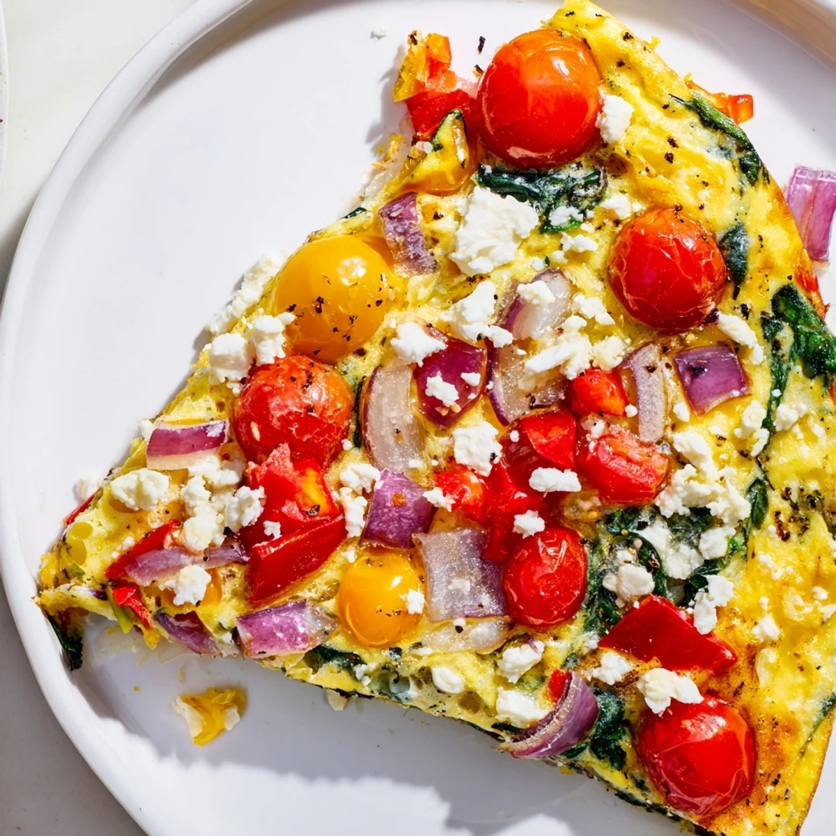 A close-up of a golden Veggie Air Fryer Frittata served on a white plate with fresh herbs.  