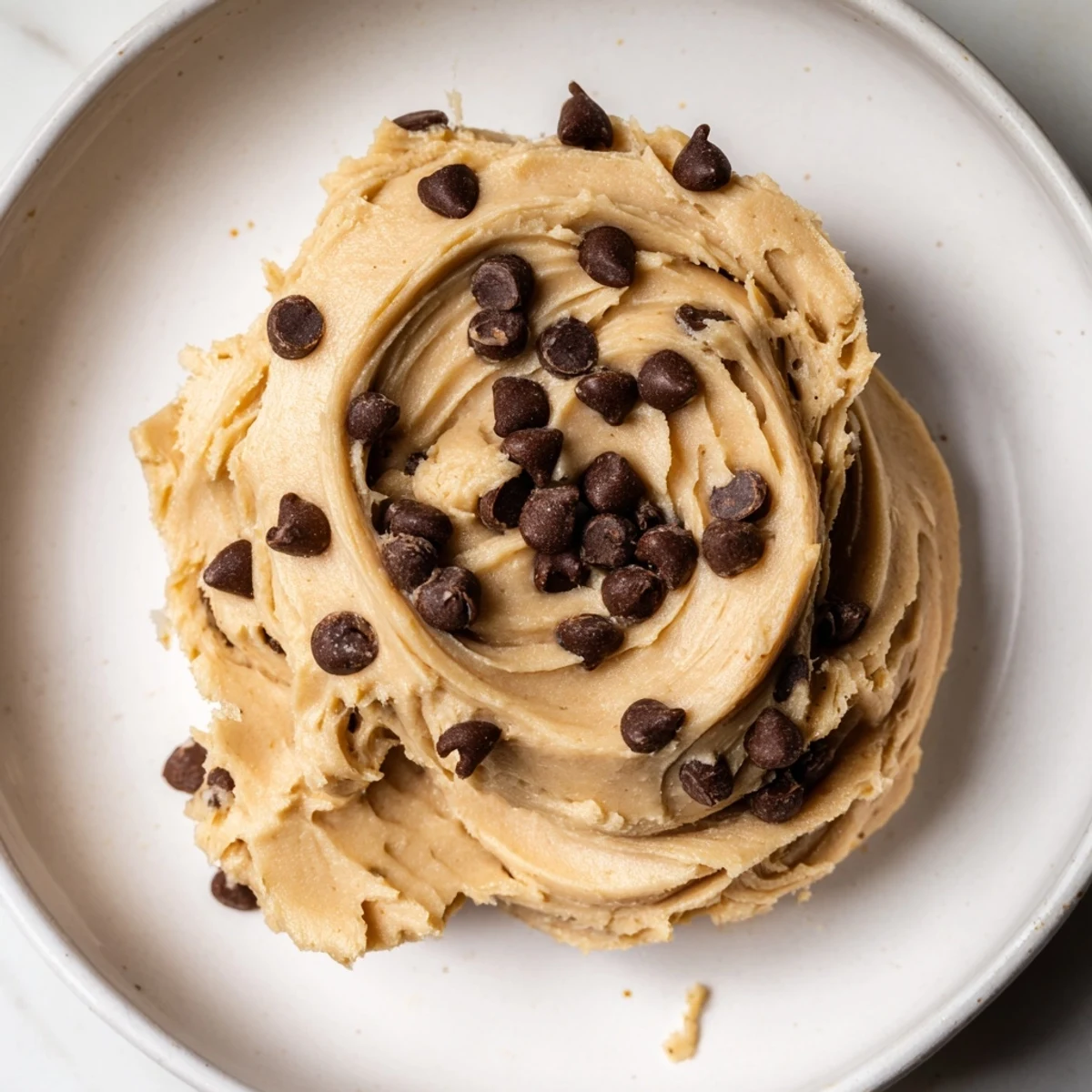 A spoonful of Chocolate Chip Greek Yogurt Cookie Dough showcases creamy texture and mini chocolate chips in a white bowl.