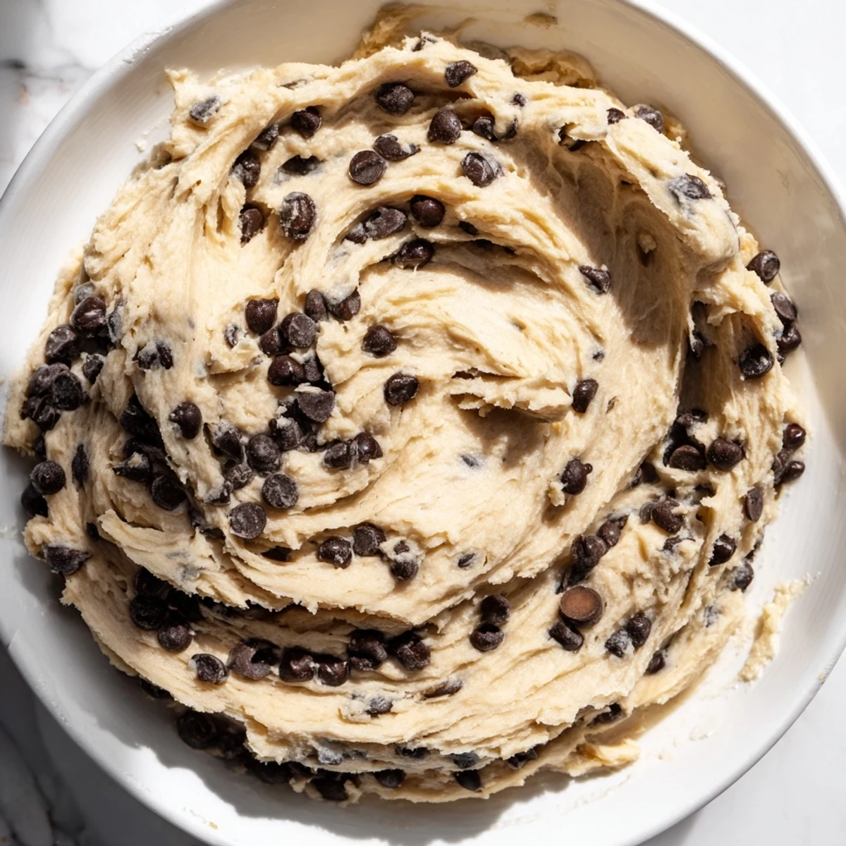 Close-up of Chocolate Chip Greek Yogurt Cookie Dough with almond flour base and gooey semi-sweet chocolate chips.