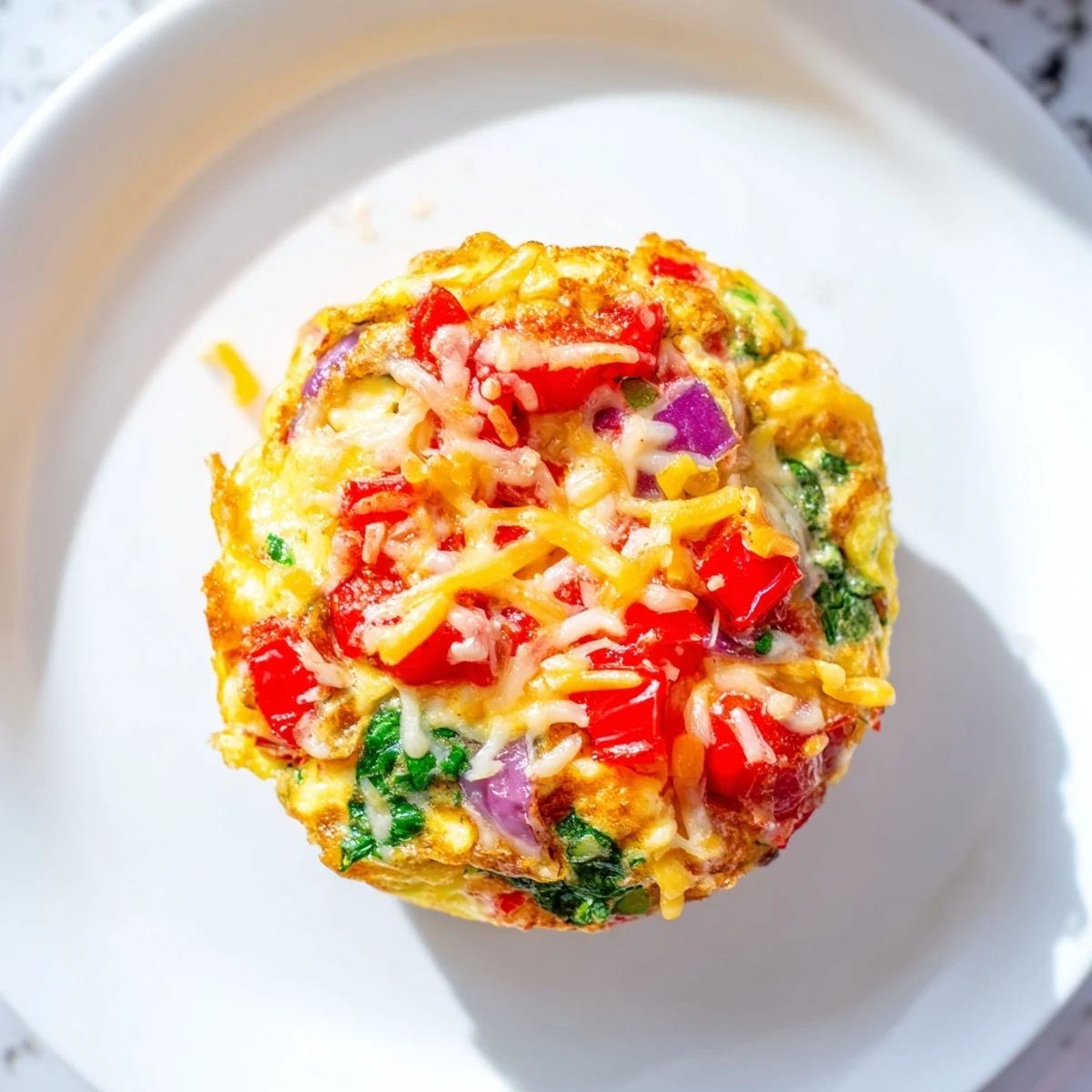 A close-up of Best Frittata Egg Muffins on a white plate, showing fluffy egg texture, melted cheddar, and colorful diced bell peppers and spinach.