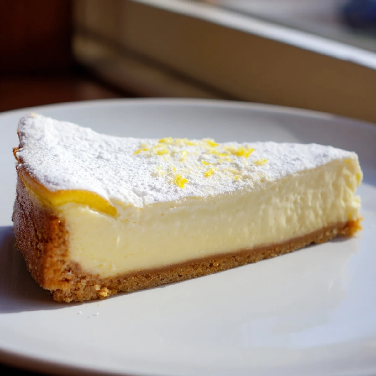 Slice of Rich Greek Yogurt Cheesecake topped with a smooth vanilla-scented sour cream layer and fresh ripe berries for serving.