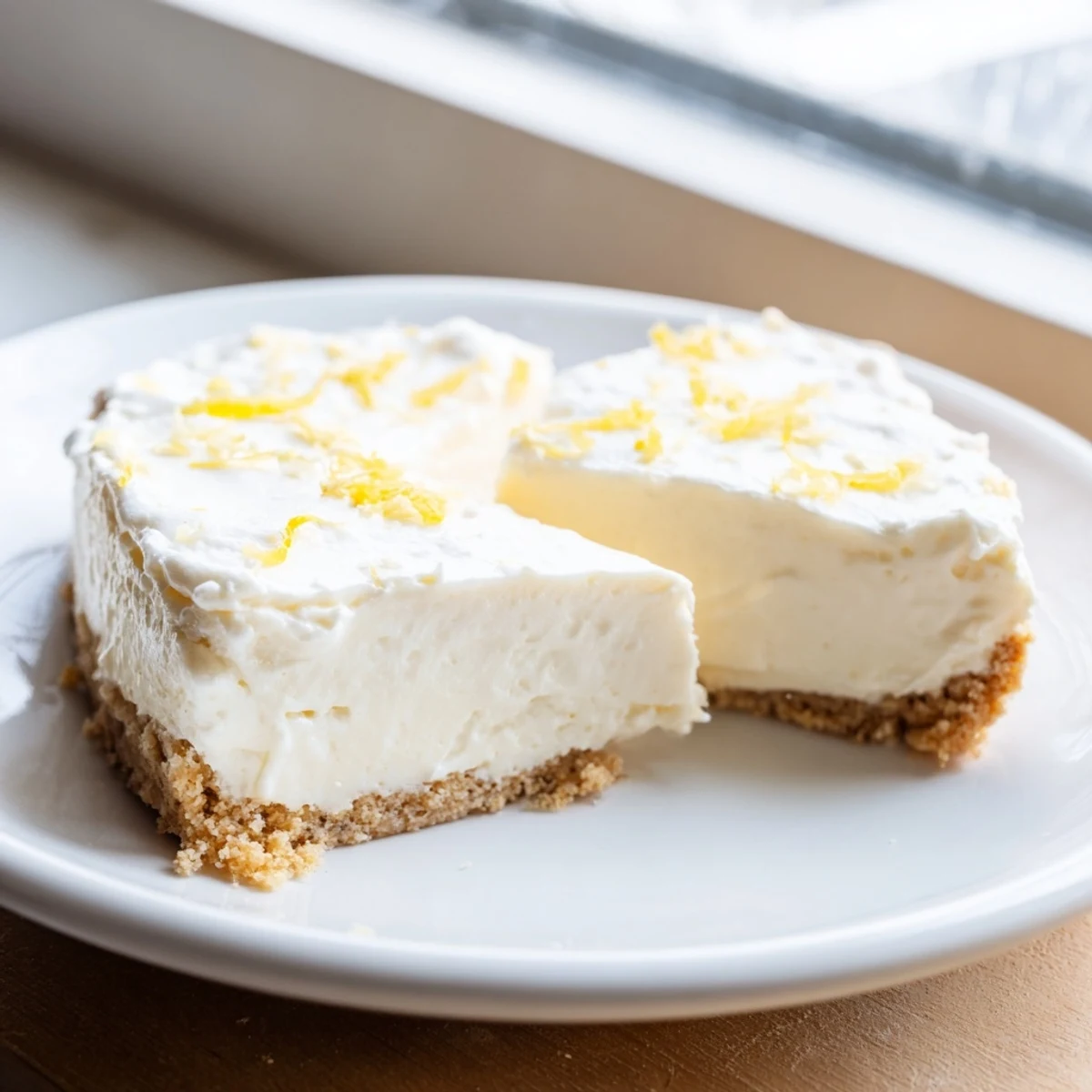 Freshly baked Rich Greek Yogurt Cheesecake with a golden graham cracker crust and creamy lemon-kissed filling cooling on a wire rack.